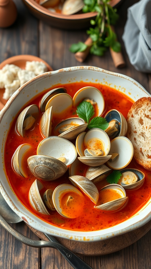 A bowl of red clam zuppa with clams in tomato broth, garnished with parsley, alongside crusty bread.